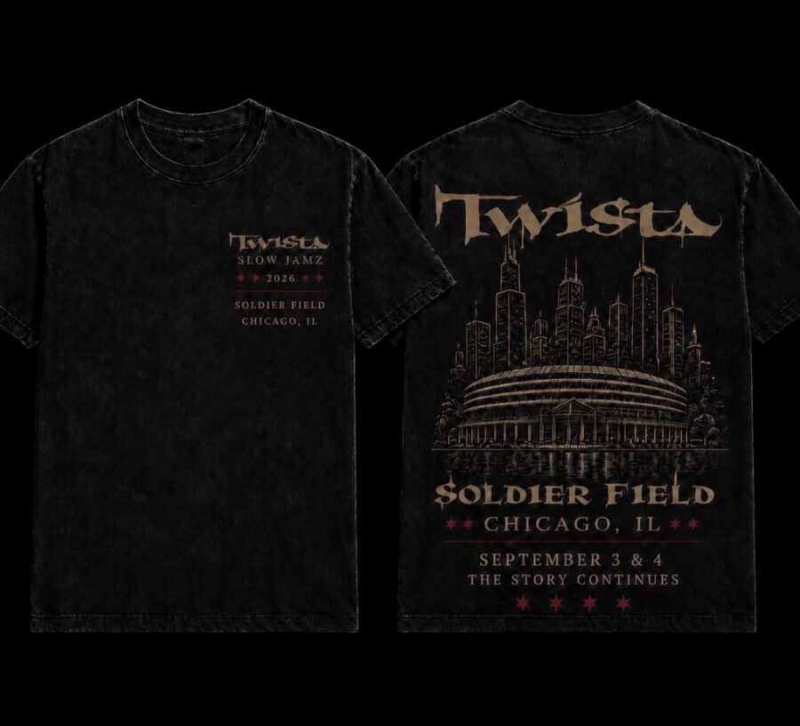 Front and back views of the vintage black Twista Soldier Field T-shirt