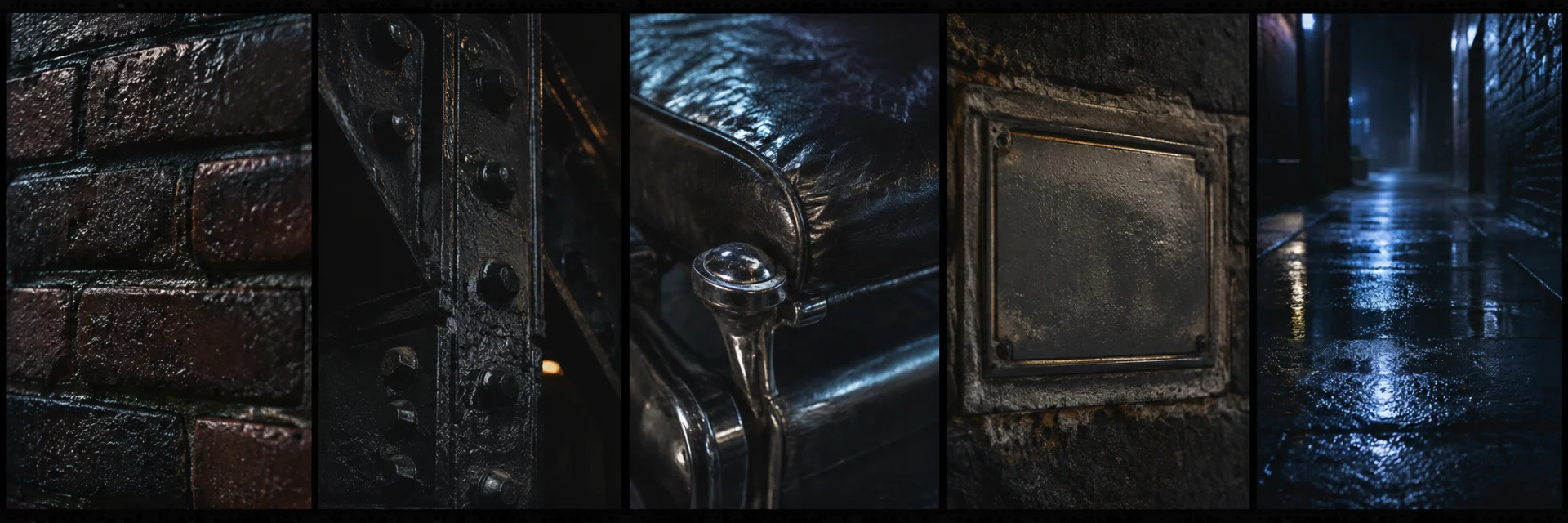 Five close-up Chicago textures: wet brick, riveted steel, worn leather and chrome, a blank metal plate, and blue-lit rain pavement