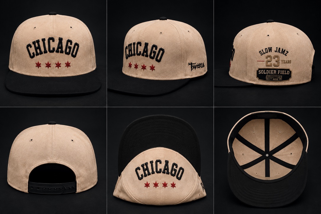 Six views of the cream and black snapback showing the Chicago front, embroidered sides, back closure, top, and interior