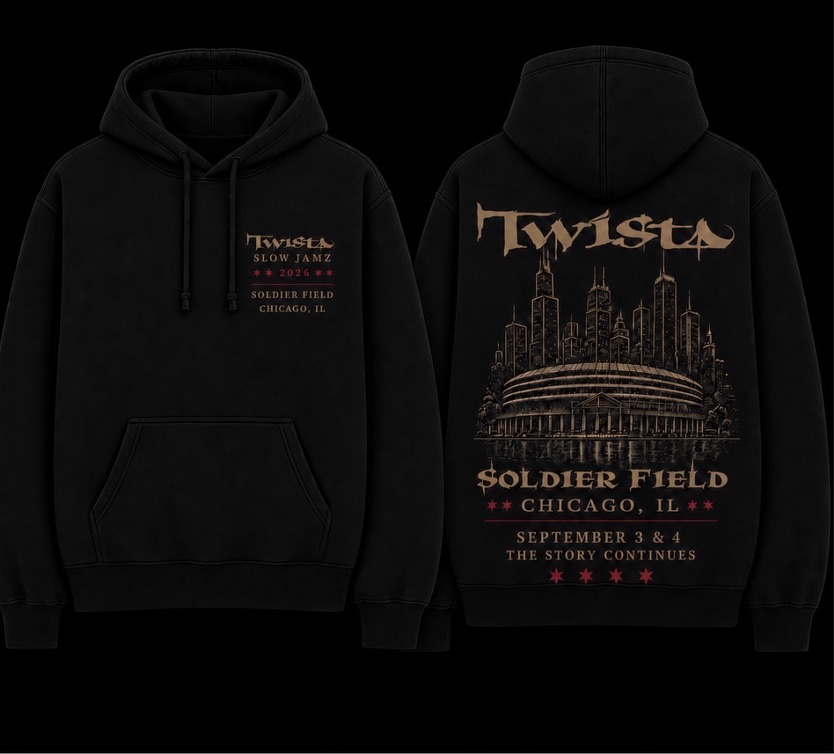 Front and back views of the solid black Twista hoodie with a compact left-chest mark and full Soldier Field back graphic