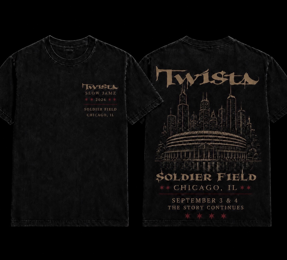 Front and back views of the vintage black Twista T-shirt with a compact left-chest mark and full Soldier Field back graphic
